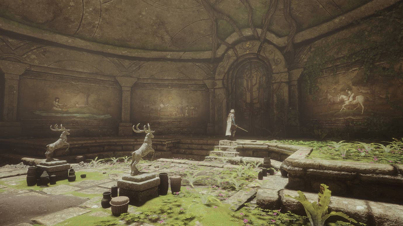 A warrior visits a forest shrine in Soulframe